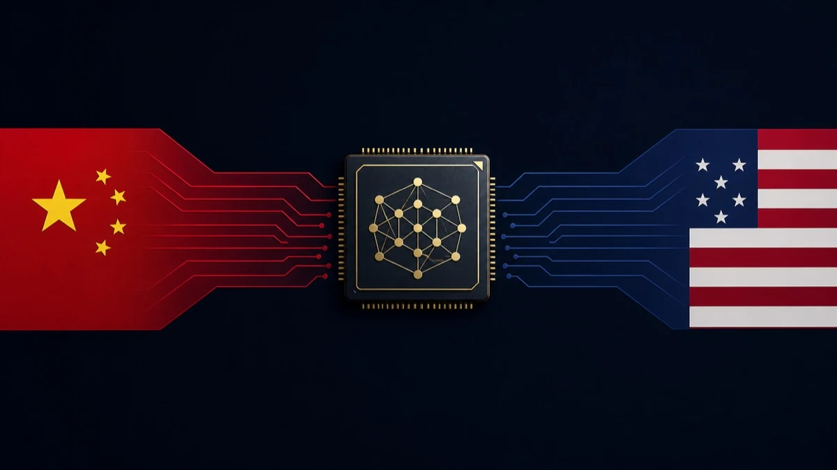 中国与美国的科技元素从两侧连接到中央 AI 芯片，表现中美 AI 竞争